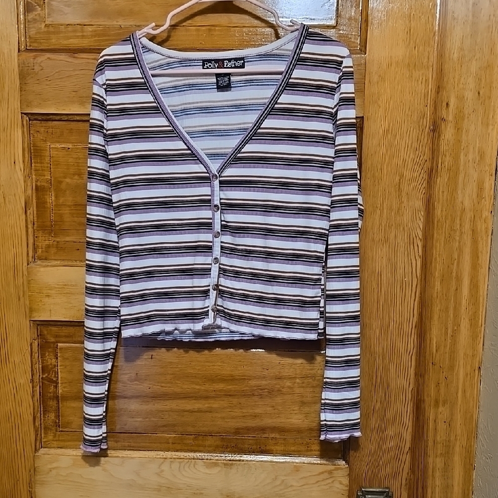 Polly & Esther Ribbed 1970's style White/Purple Crop Long Sleeve Top XL